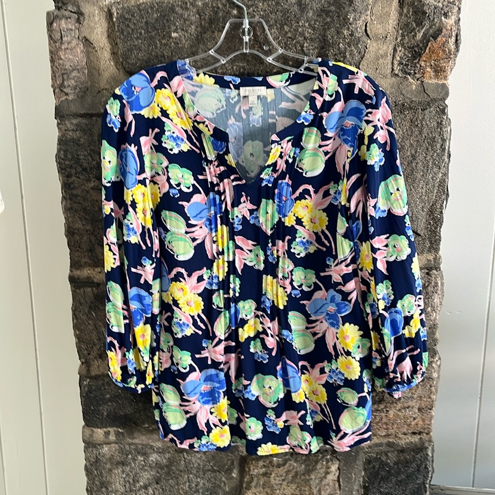 SIZE LP TALBOTS LONG SLEEVE BLOUSE. NAVY/ ASST SOFT COLORS PLEATS FRONT/BACK
